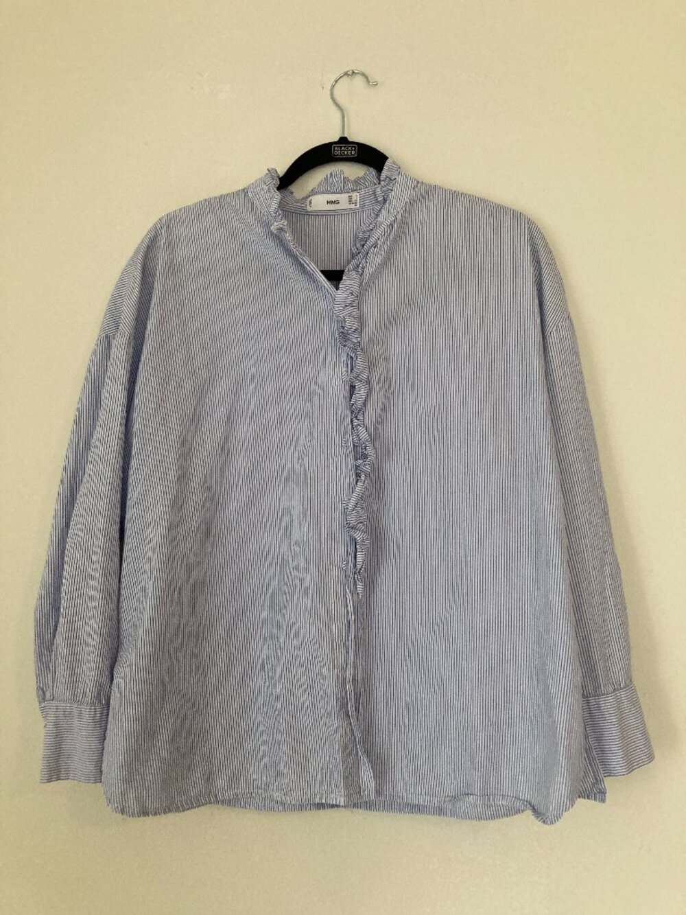 Mango Striped Button Up Blouse, Ruffle Detail, Oversize S